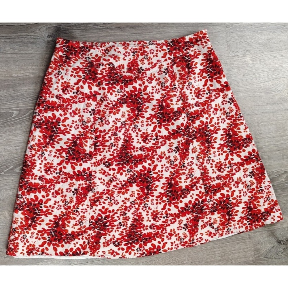 Cato Women's Floral Print A-Line Skirt Red & White Lined Linen Blend Sz 26/28W